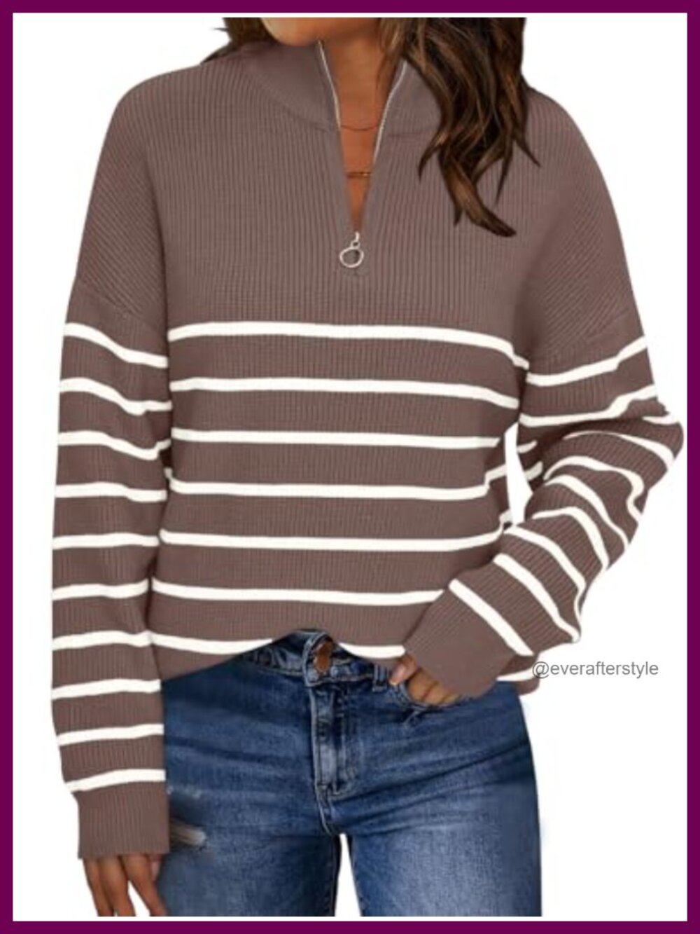 LILLUSORY Womens Quarter Zip Striped Oversized Fall Sweater
